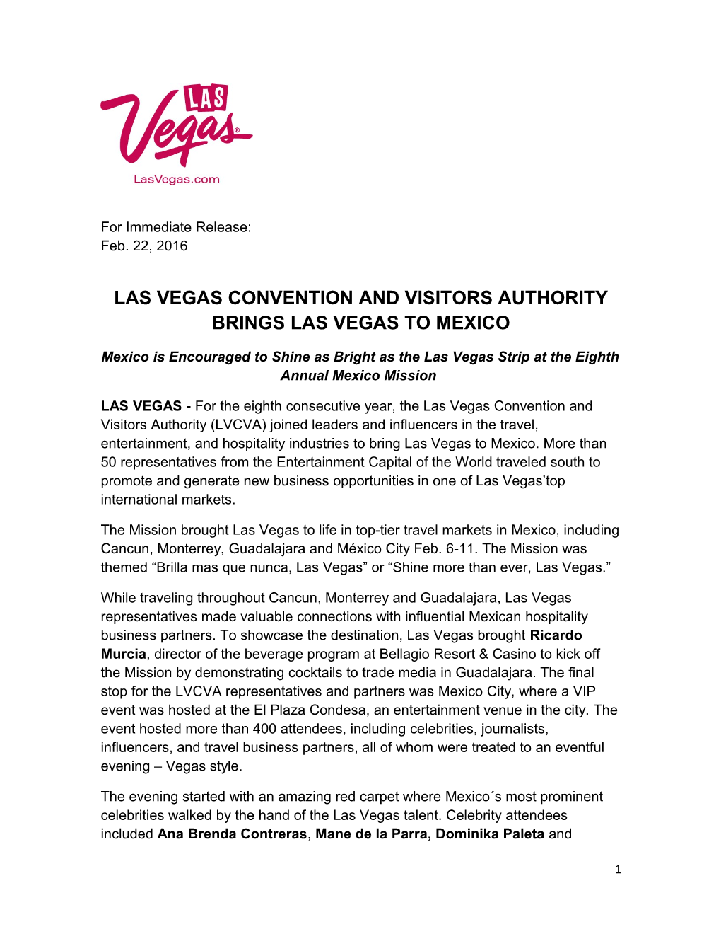 Las Vegas Convention and Visitors Authority Brings Las Vegas to Mexico