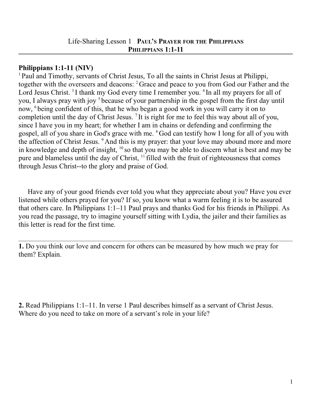 Life-Sharing Lesson 1 PAUL S PRAYER for the PHILIPPIANS