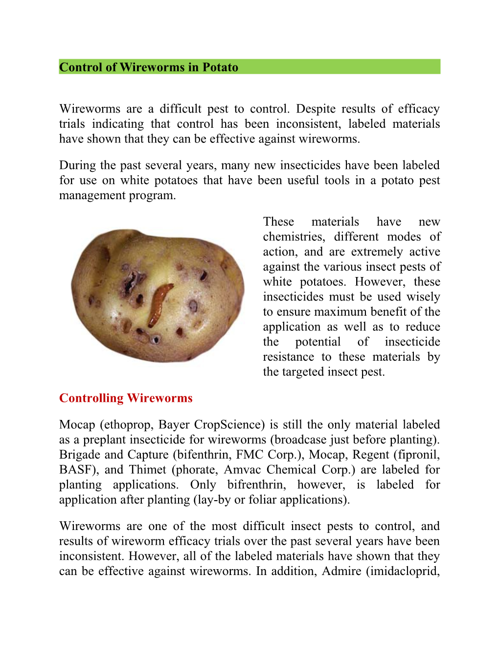 Control of Wireworms in Potato