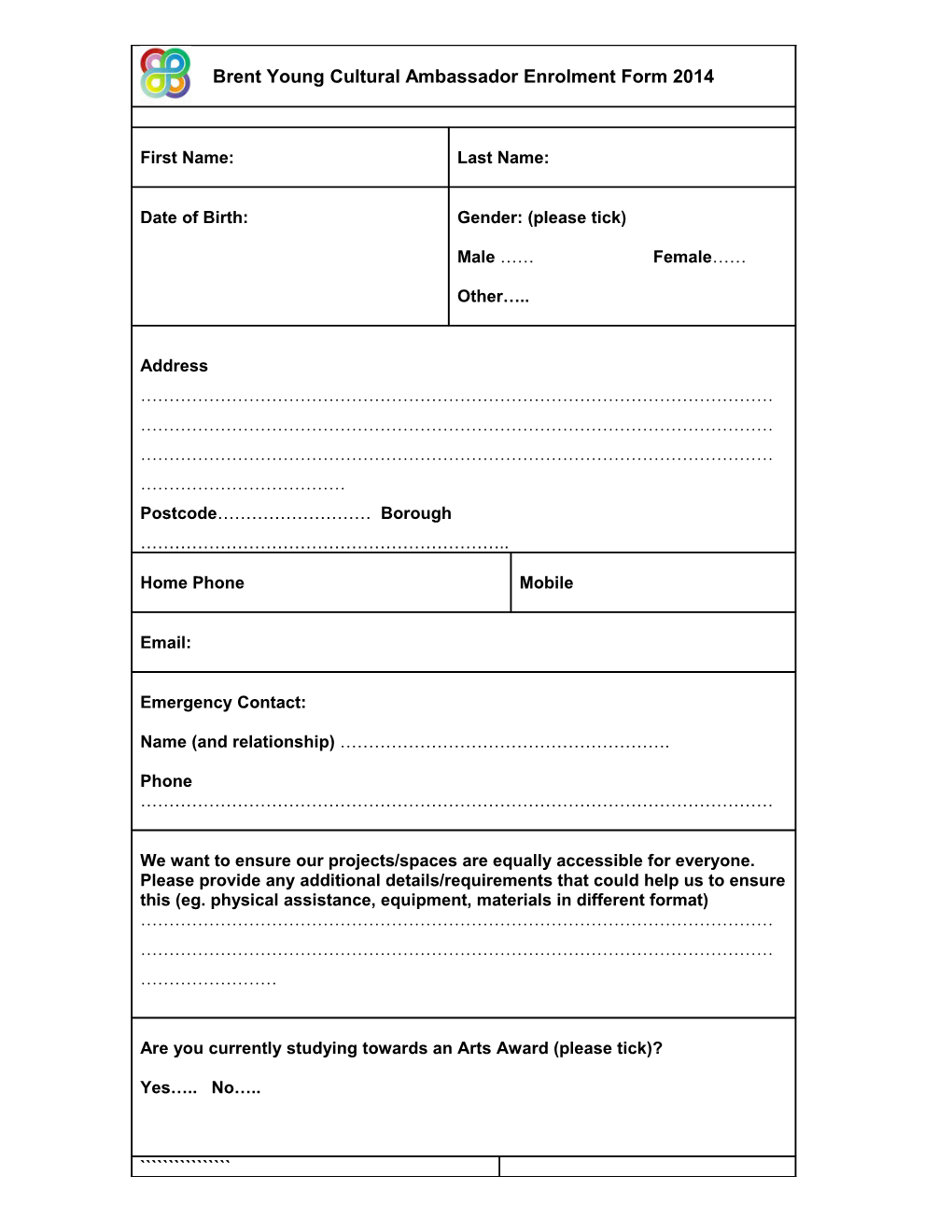 Roundhouse Creative Projects Enrolment Form 2011