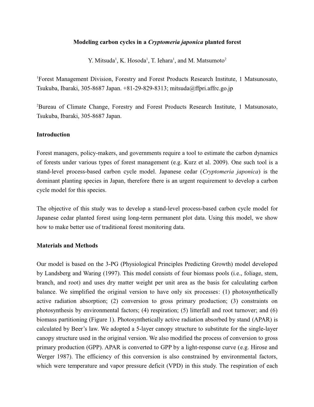 Modeling Carbon Cycles in Cryptomeria Japonica Planted Forest