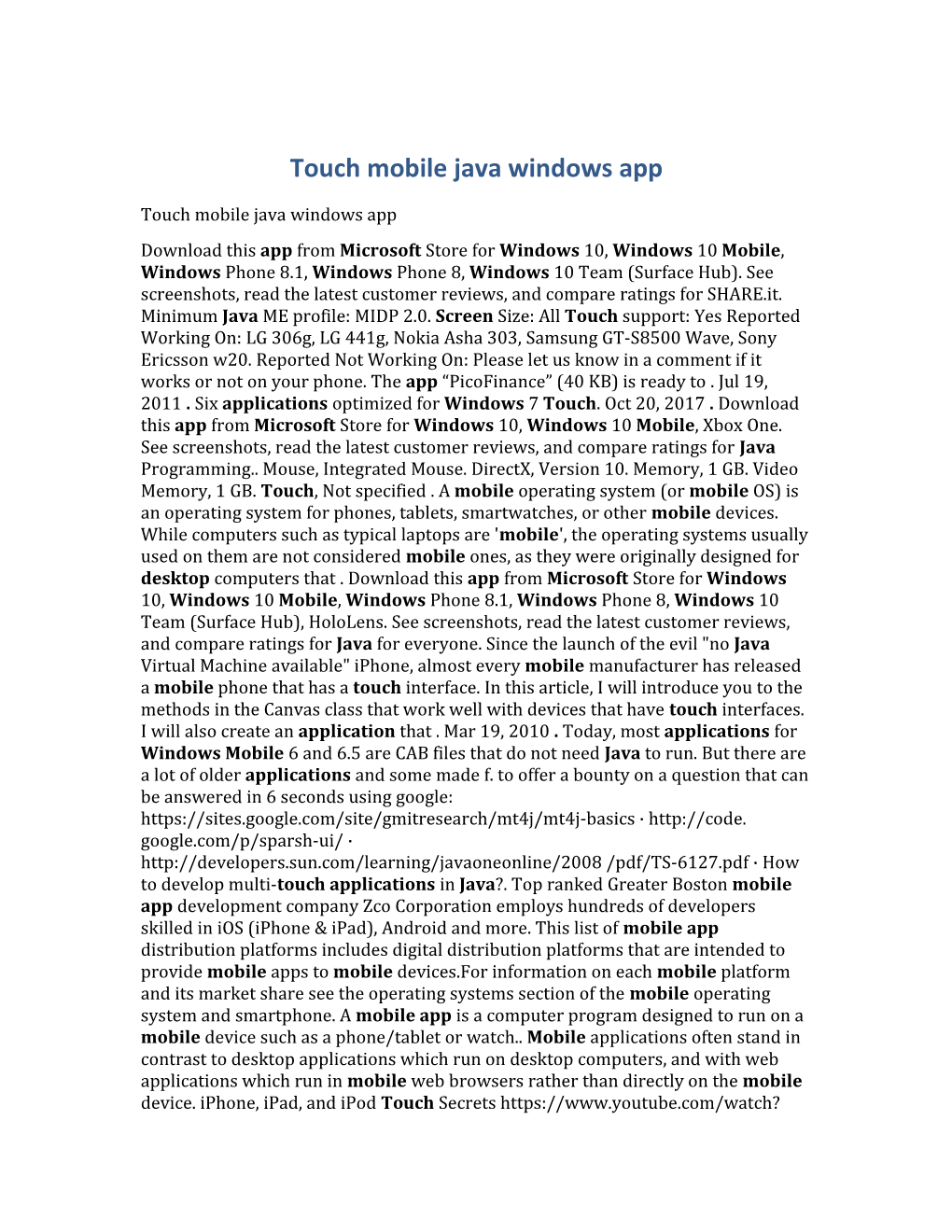 Touch Mobile Java Windows App