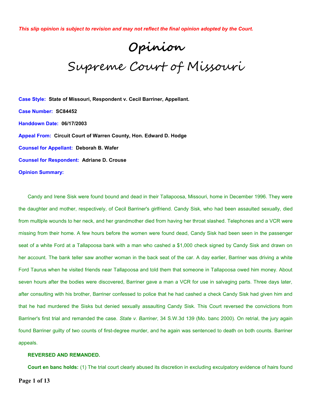 Case Style: State of Missouri, Respondent V. Cecil Barriner, Appellant