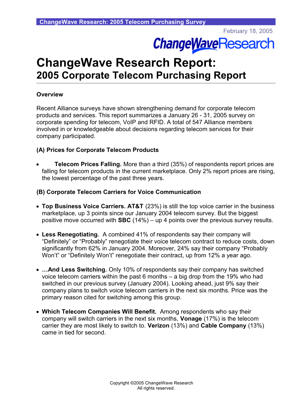 Changewave Research: 2005 Telecom Purchasing Survey