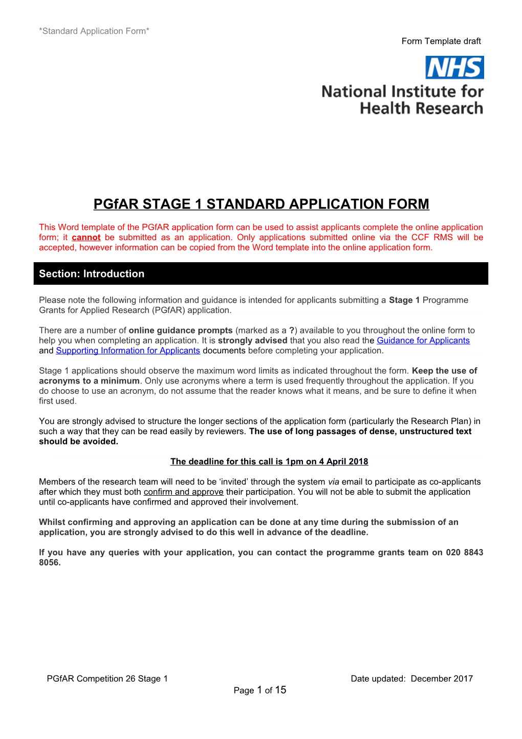 Pgfar STAGE 1 STANDARD APPLICATION FORM