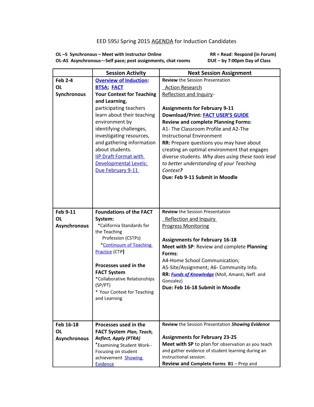 EED 595J Spring 2015 AGENDA for Induction Candidates