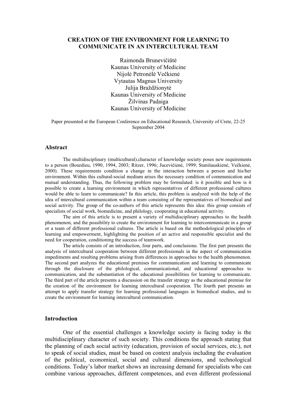 Creation of the Environment for Learning to Communicate in an Intercultural Team