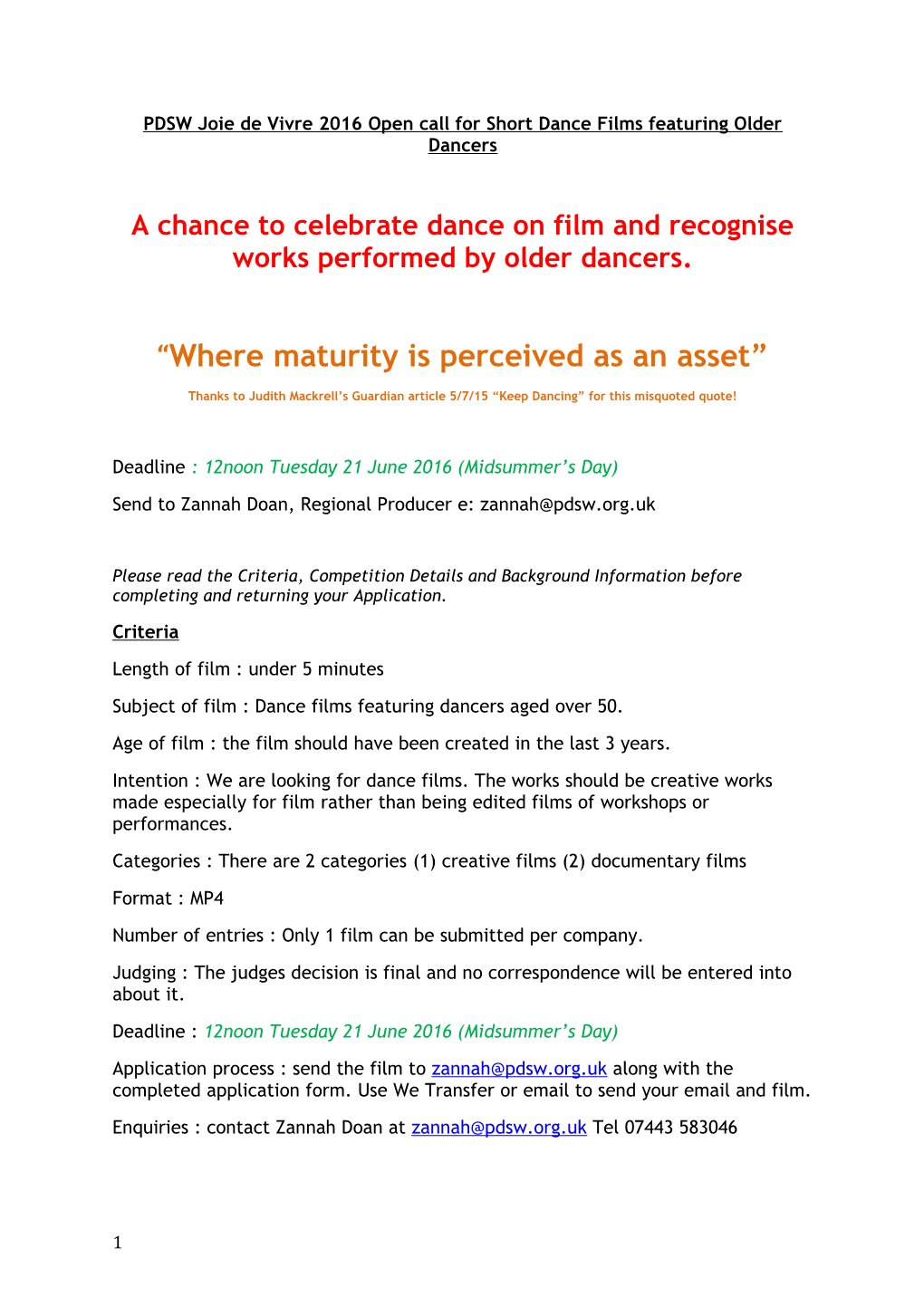 A Chance to Celebrate Dance on Film and Recognise Works Performed by Older Dancers