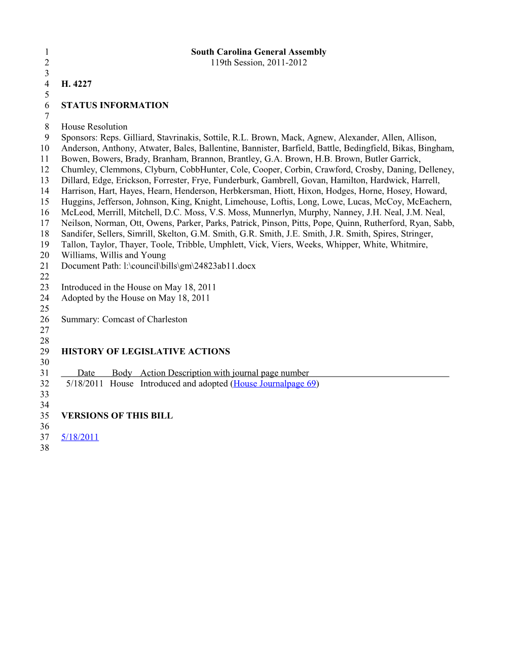 2011-2012 Bill 4227: Comcast of Charleston - South Carolina Legislature Online