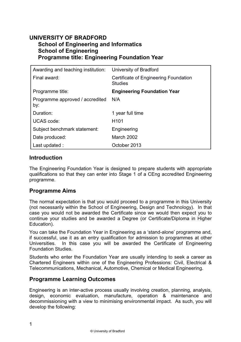 UNIVERSITY of Bradfordschool of Engineering and Informaticsschool of Engineeringprogramme