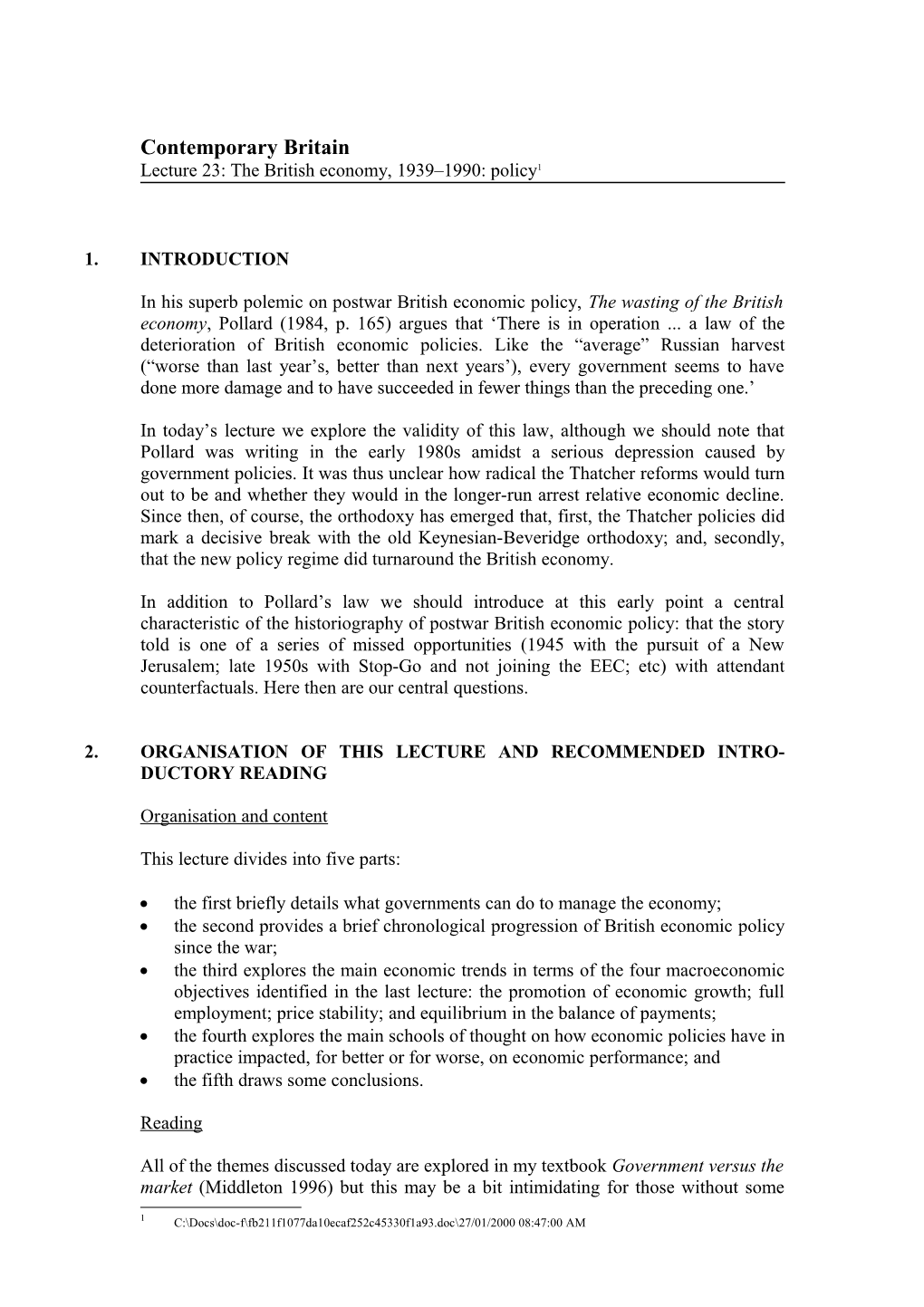 Lecture 24: the British Economy, 1939 1990: Policy, Page 1 of 11