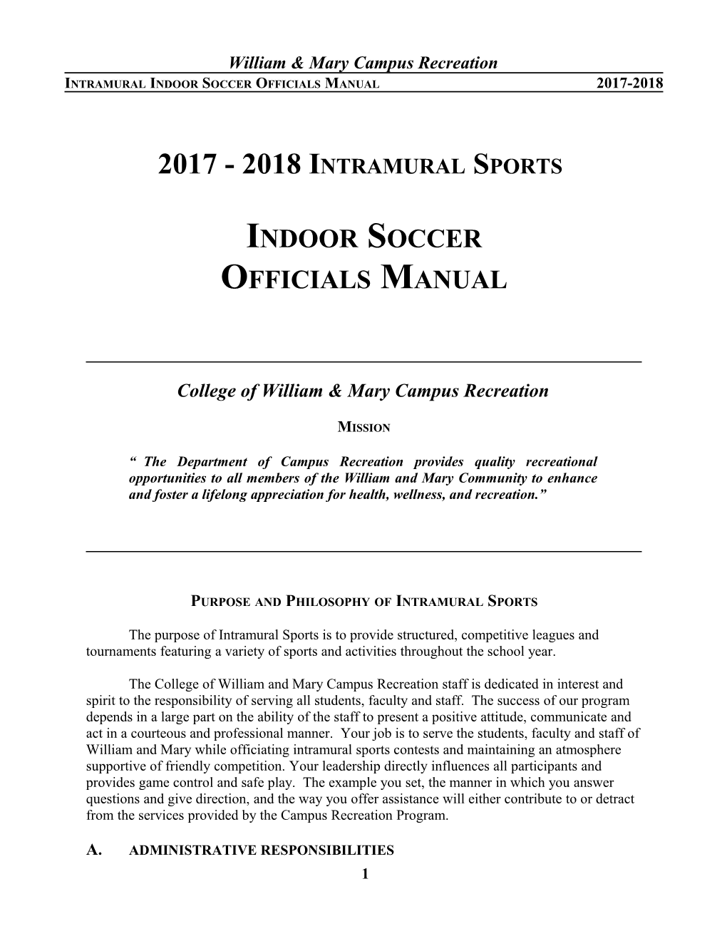 Intramural Indoor Soccer Officials Manual 2017-2018