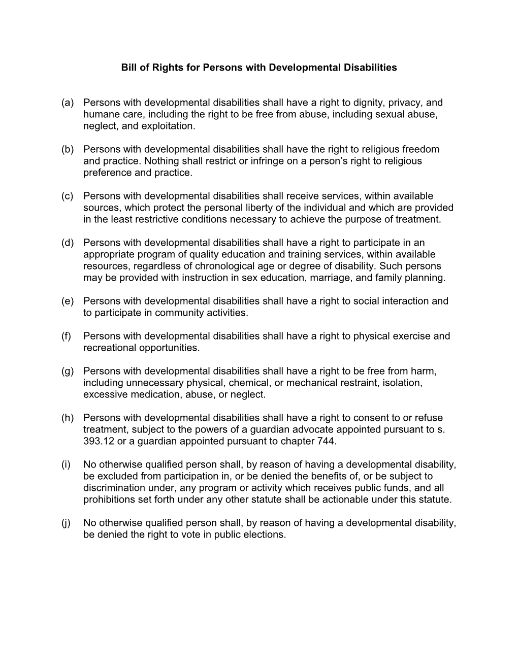 Bill of Rights for Persons with Developmental Disabilities