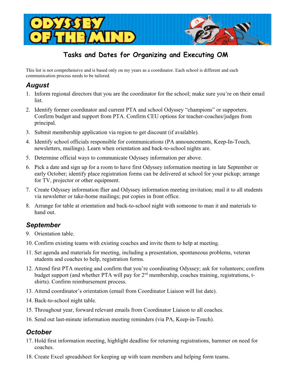 Tasks and Dates for Organizing and Executing OM