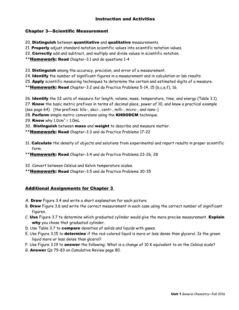 Unit 1 Student Learning Objectives for General Chemistry