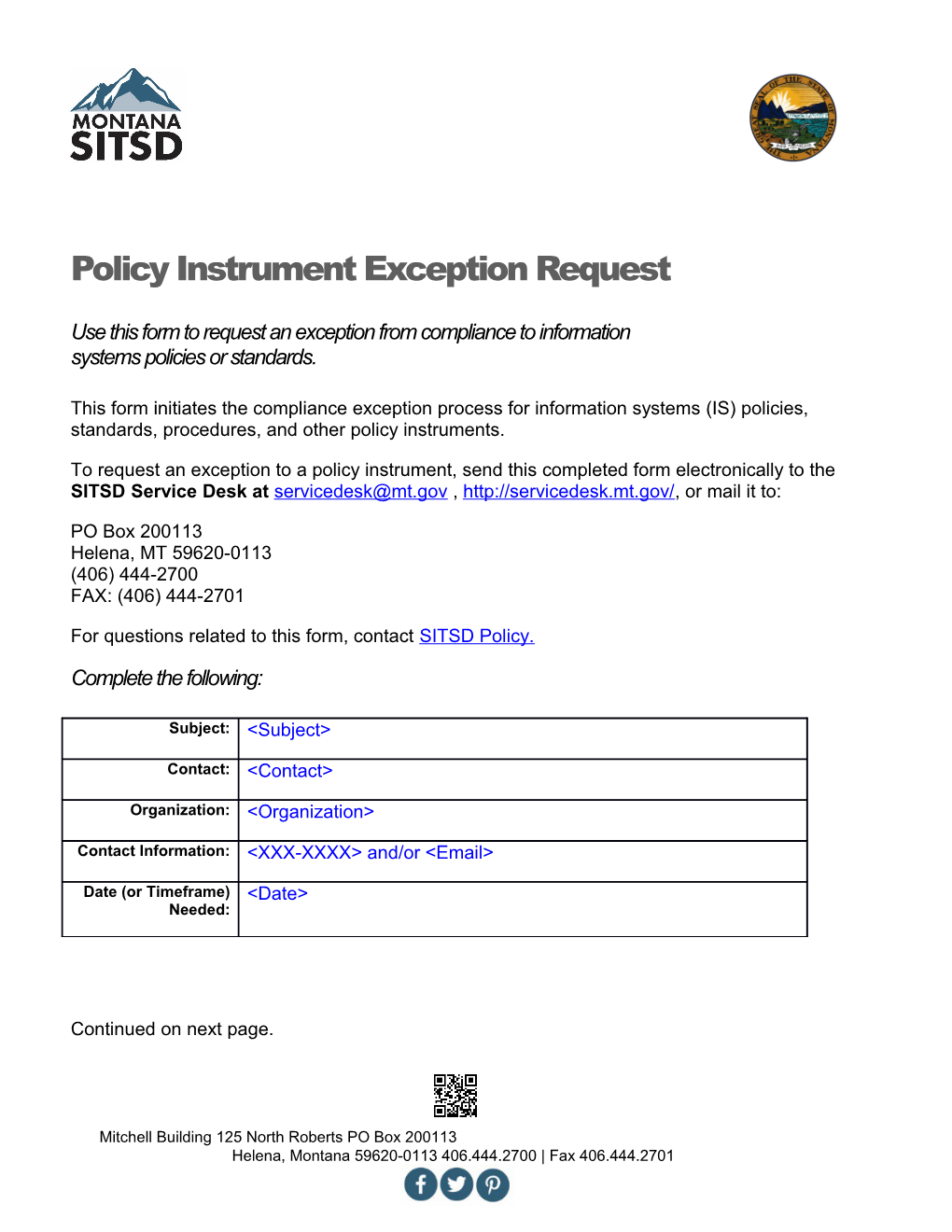 Policy Instrument Exception Request