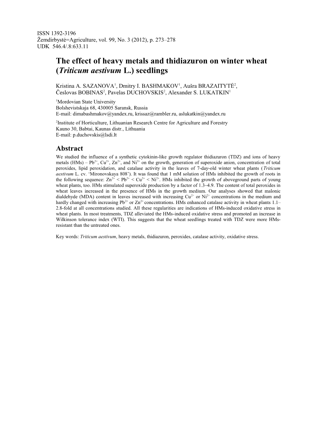 The Effect of Heavy Metals and Thidiazuron on Winter Wheat (Triticum Aestivum L.) Seedlings