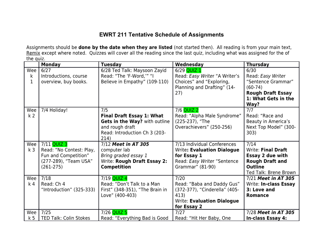 EWRT 211 Tentative Schedule of Assignments