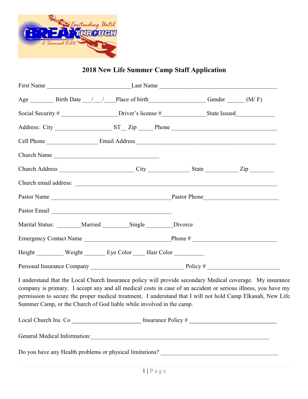 2018 New Life Summer Camp Staff Application
