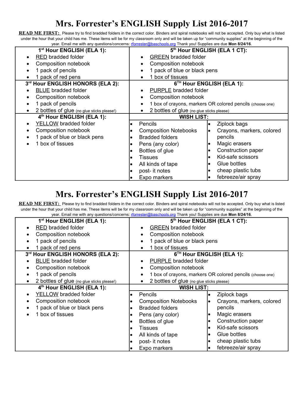 Mrs. Forrester S ENGLISH Supply List 2016-2017