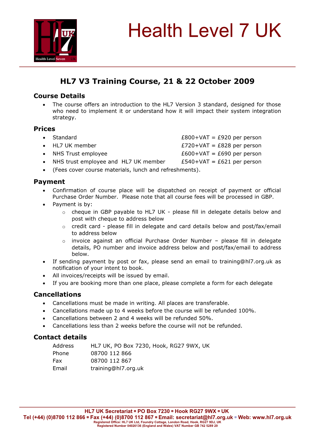 HL7 UK V3 Training Booking Form