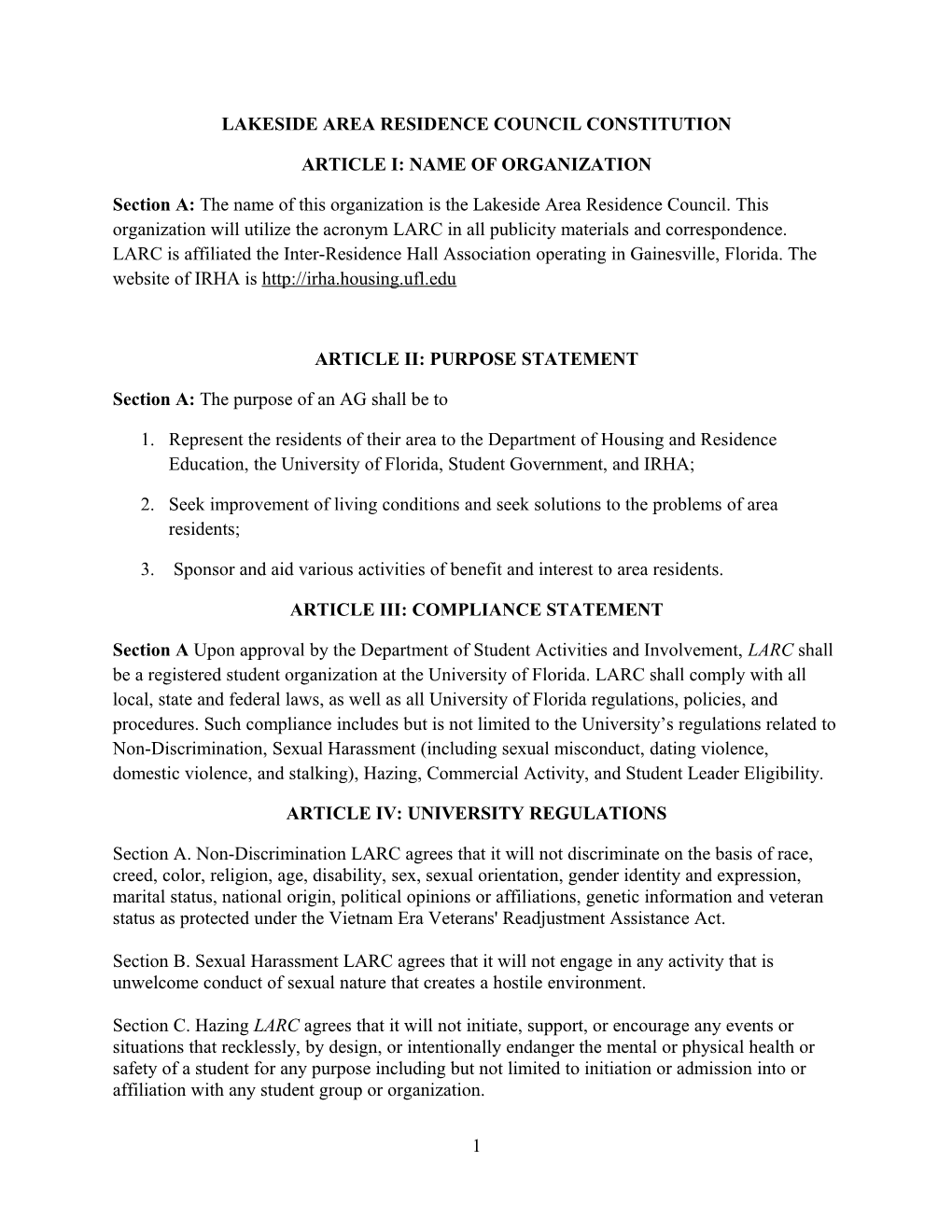 Lakeside Area Residence Council Constitution