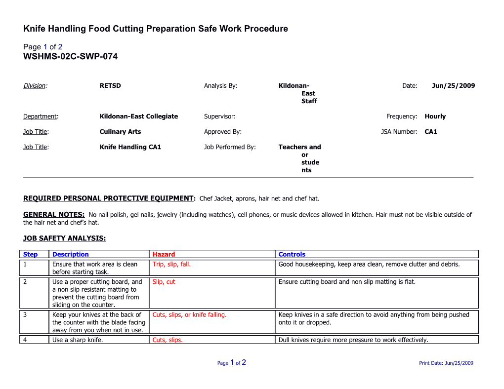 SWP-074 Knife Handling Food Cutting Preparation Safe Work Procedure