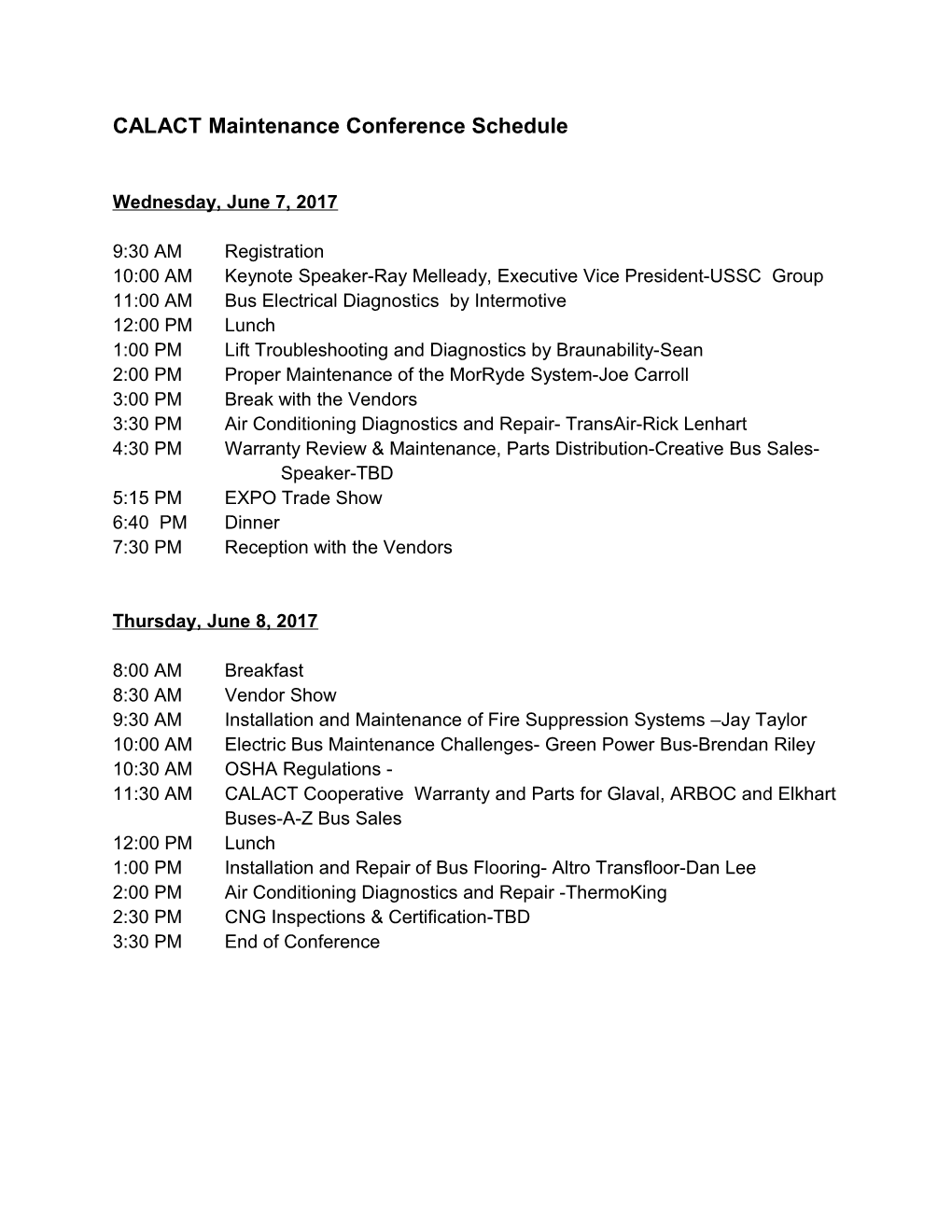 CALACT Maintenance Conference Schedule