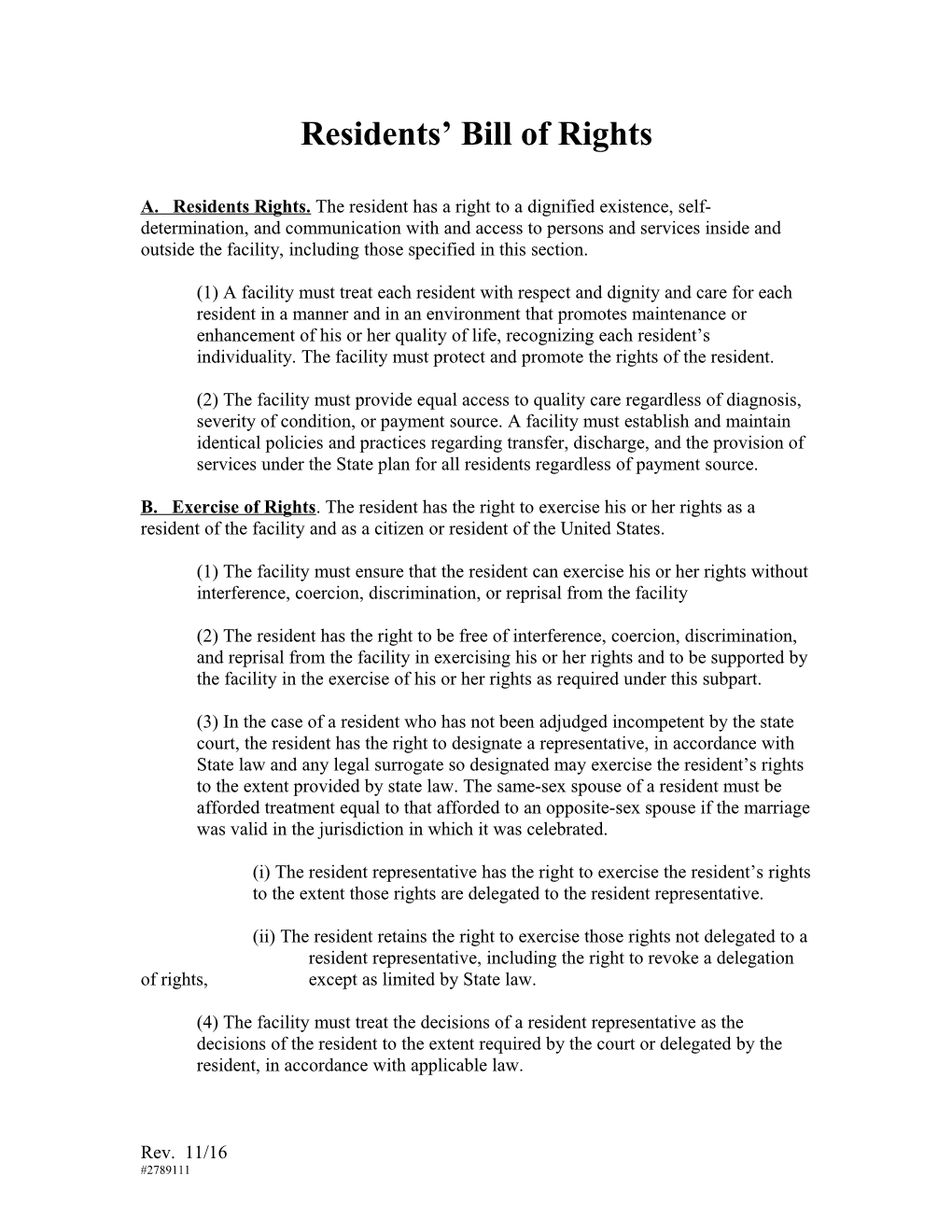 Residents Bill of Rights