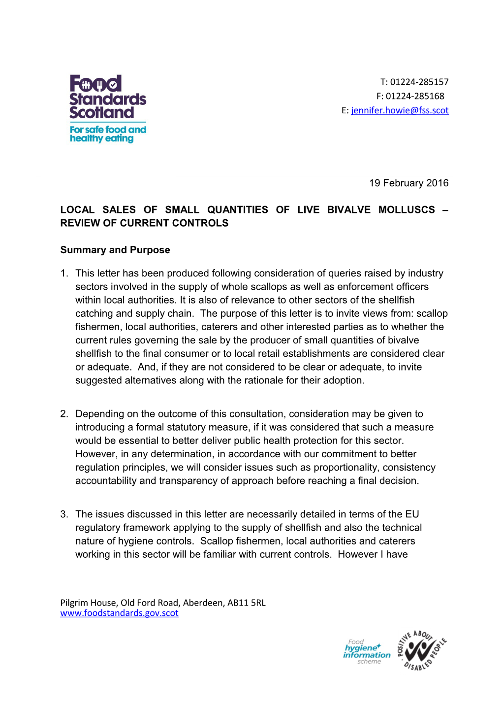 Local Sales of Small Quantities of Live Bivalve Molluscs Review of Current Controls