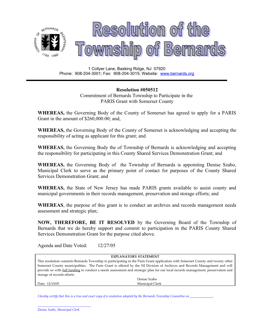 Commitment of Bernards Township to Participate in The