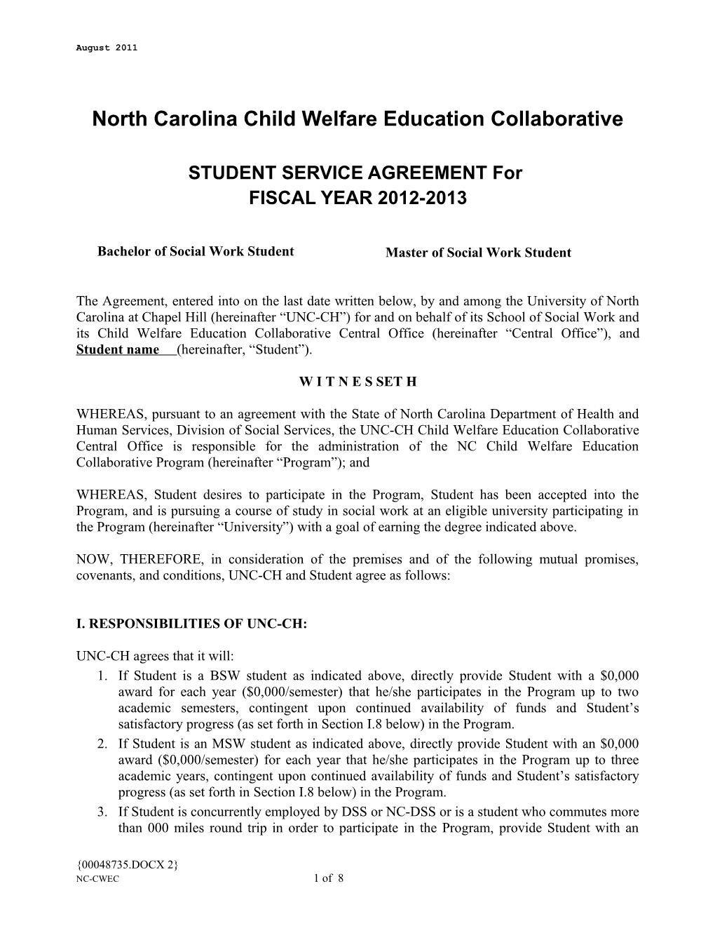 School of Social Work - Student Service Agreement for NC Child Welfare Education Collaborative