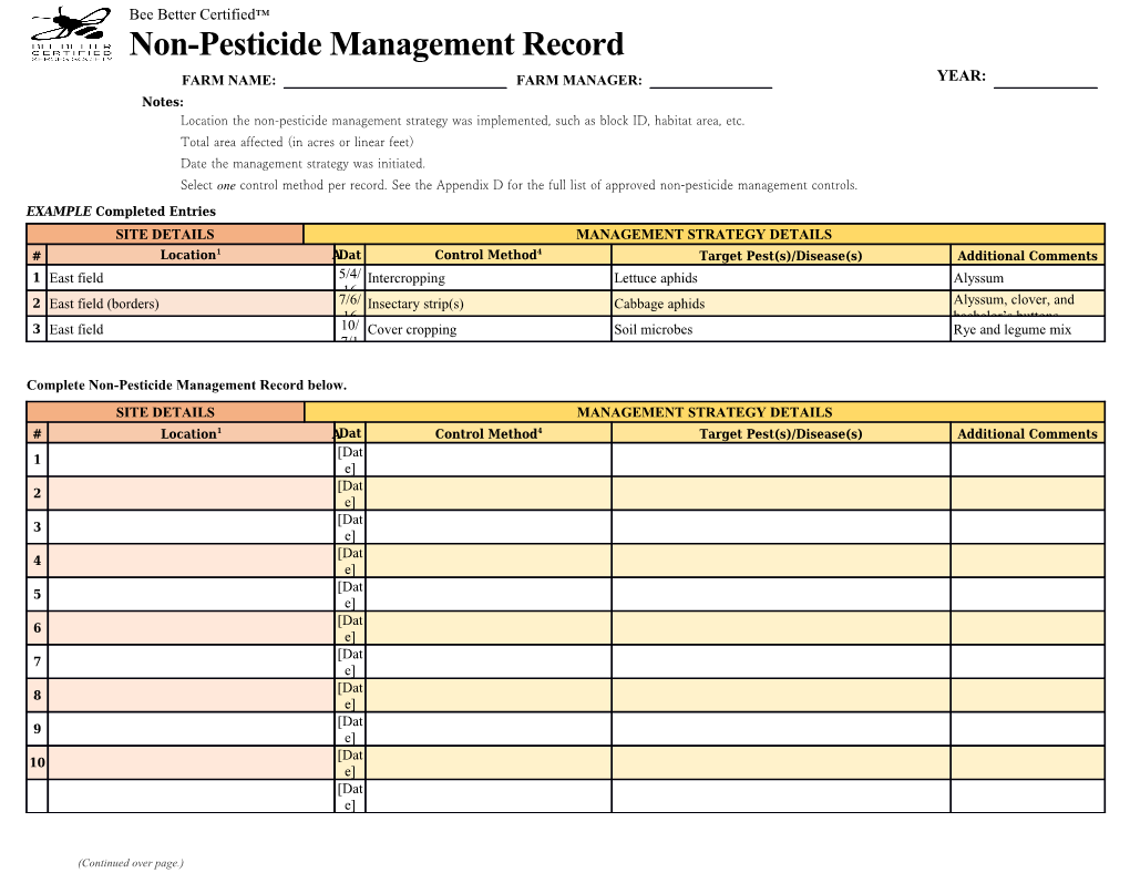 Non-Pesticide Management Record