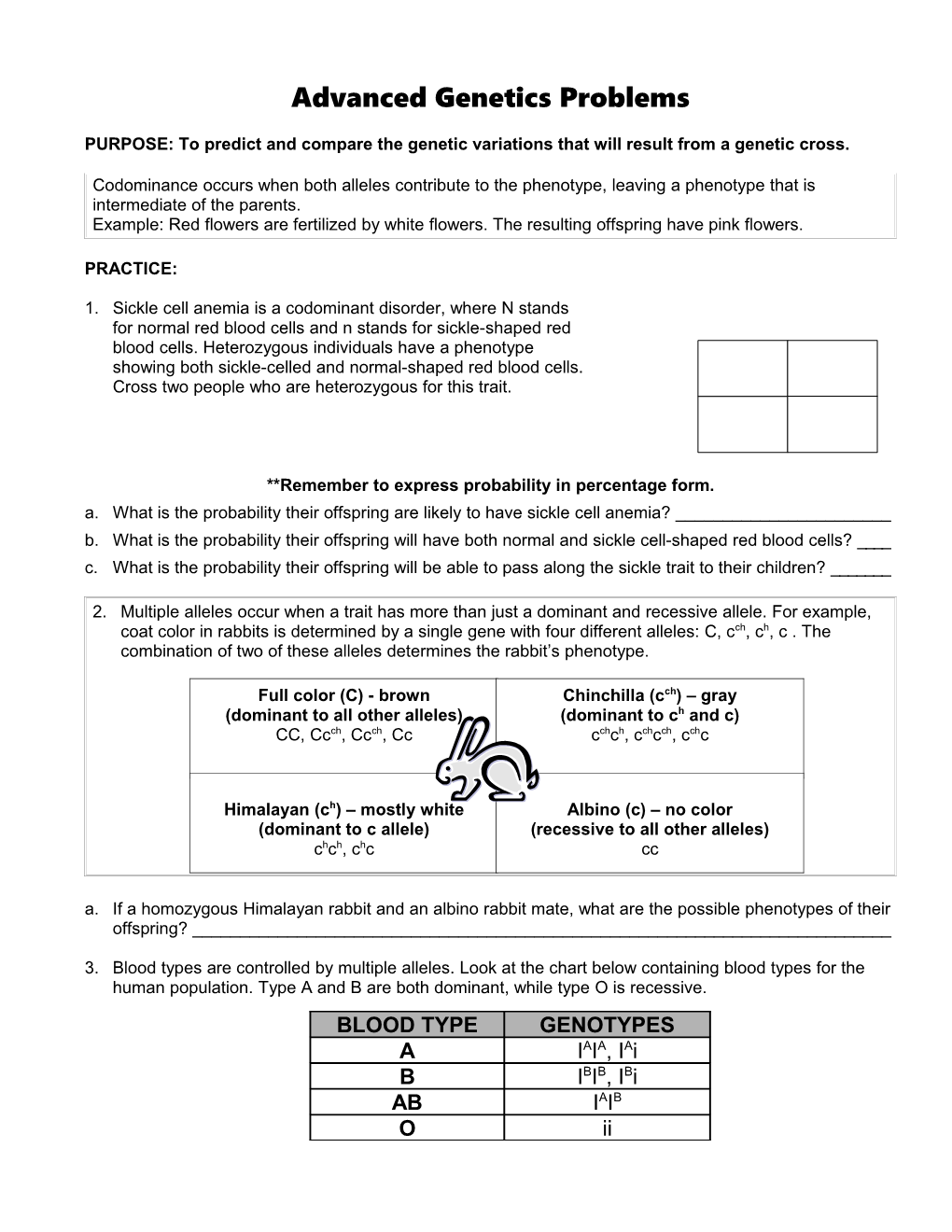 PURPOSE: to Predict and Compare the Genetic Variations That Will Result from a Genetic Cross