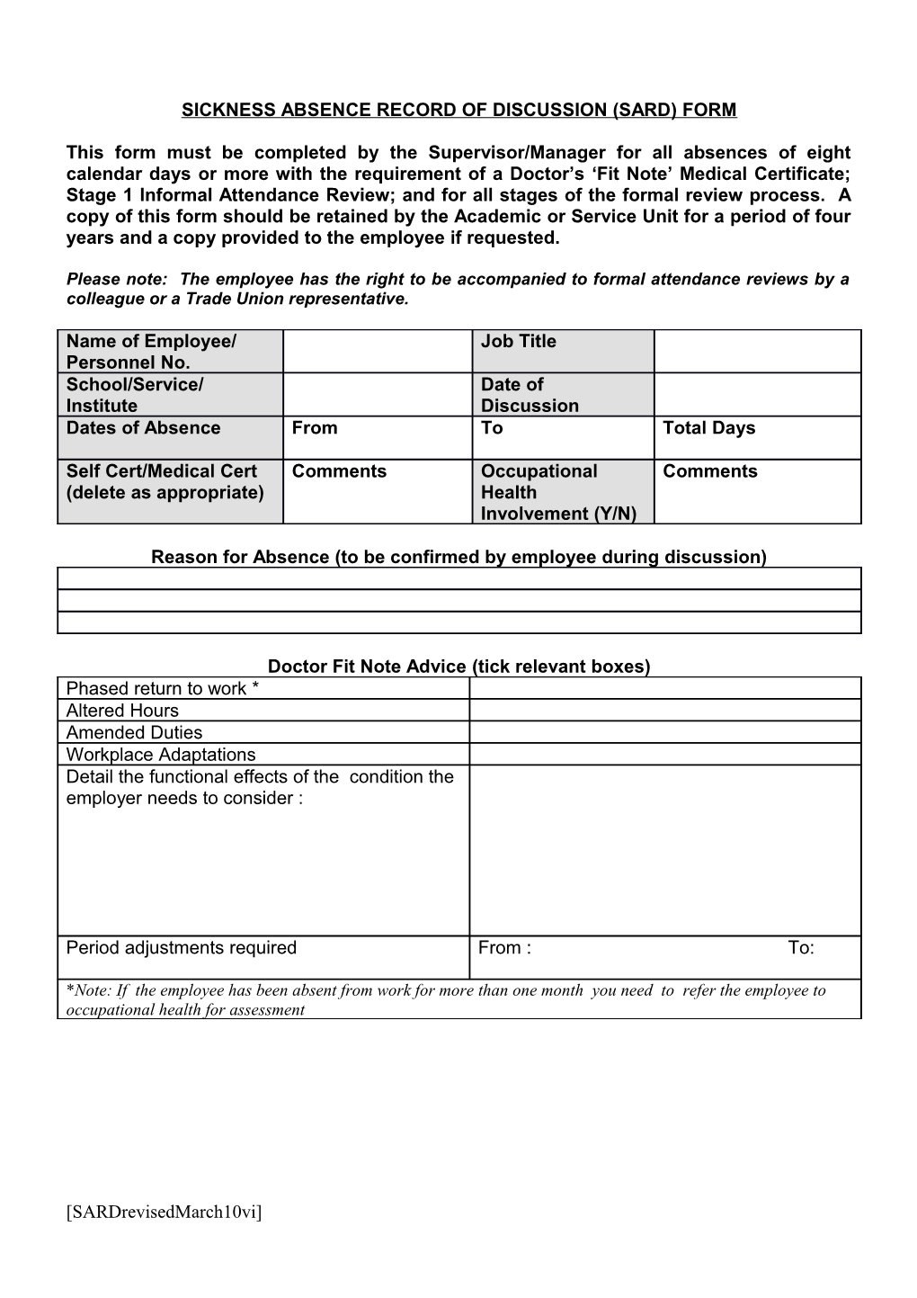 Sickness Absence Record of Discussion (Sard) Form