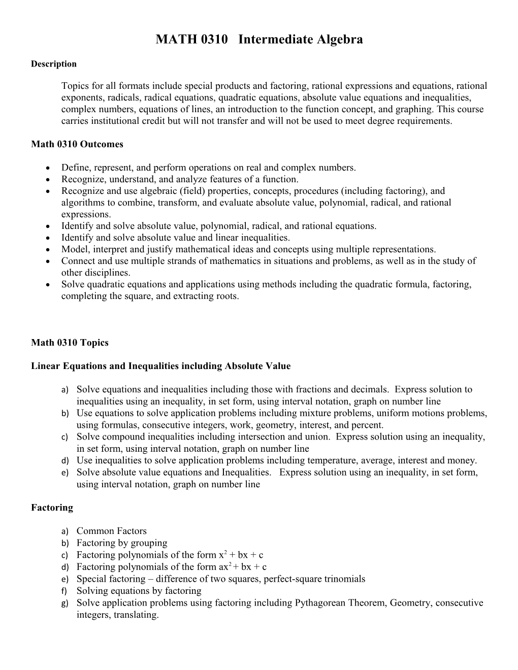 MATH 0310 Intermediatealgebra