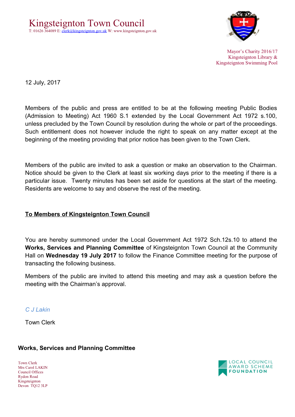 To Members of Kingsteignton Town Council s1