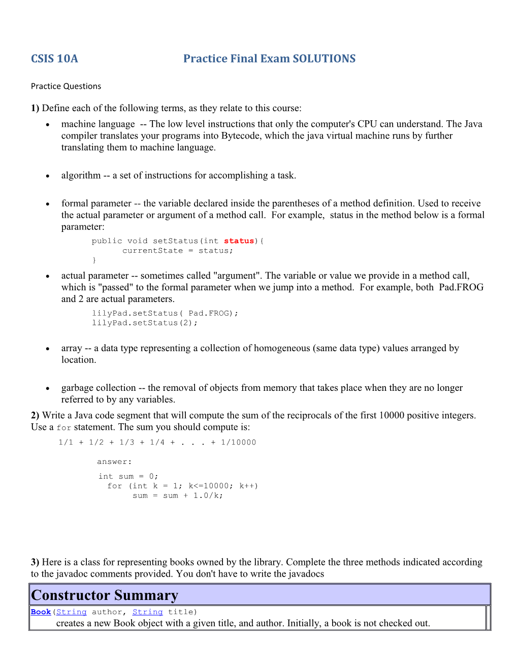 CSIS 10A Practice Final Exam SOLUTIONS