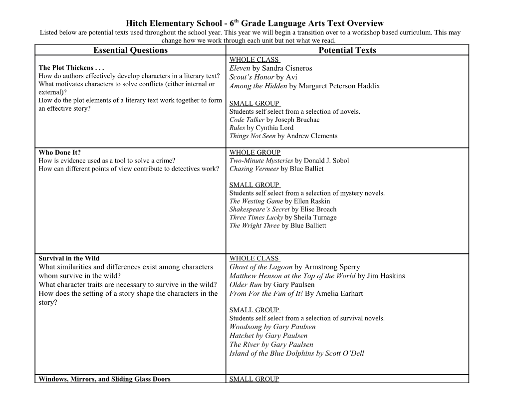 Hitch Elementary School - 6Th Grade Language Arts Text Overview