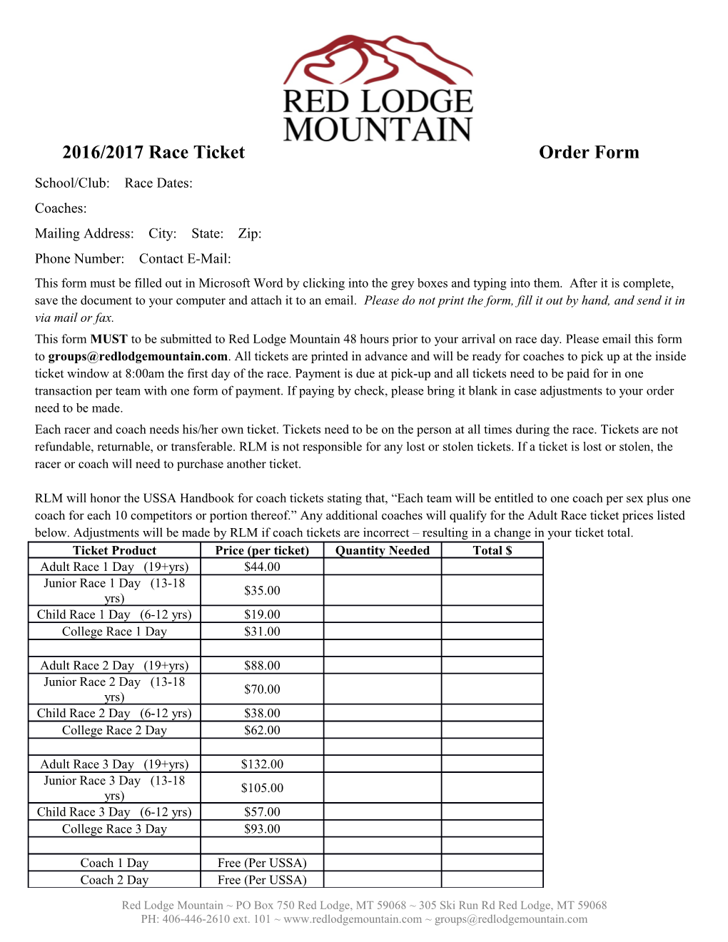 2016/2017 Race Ticket Order Form