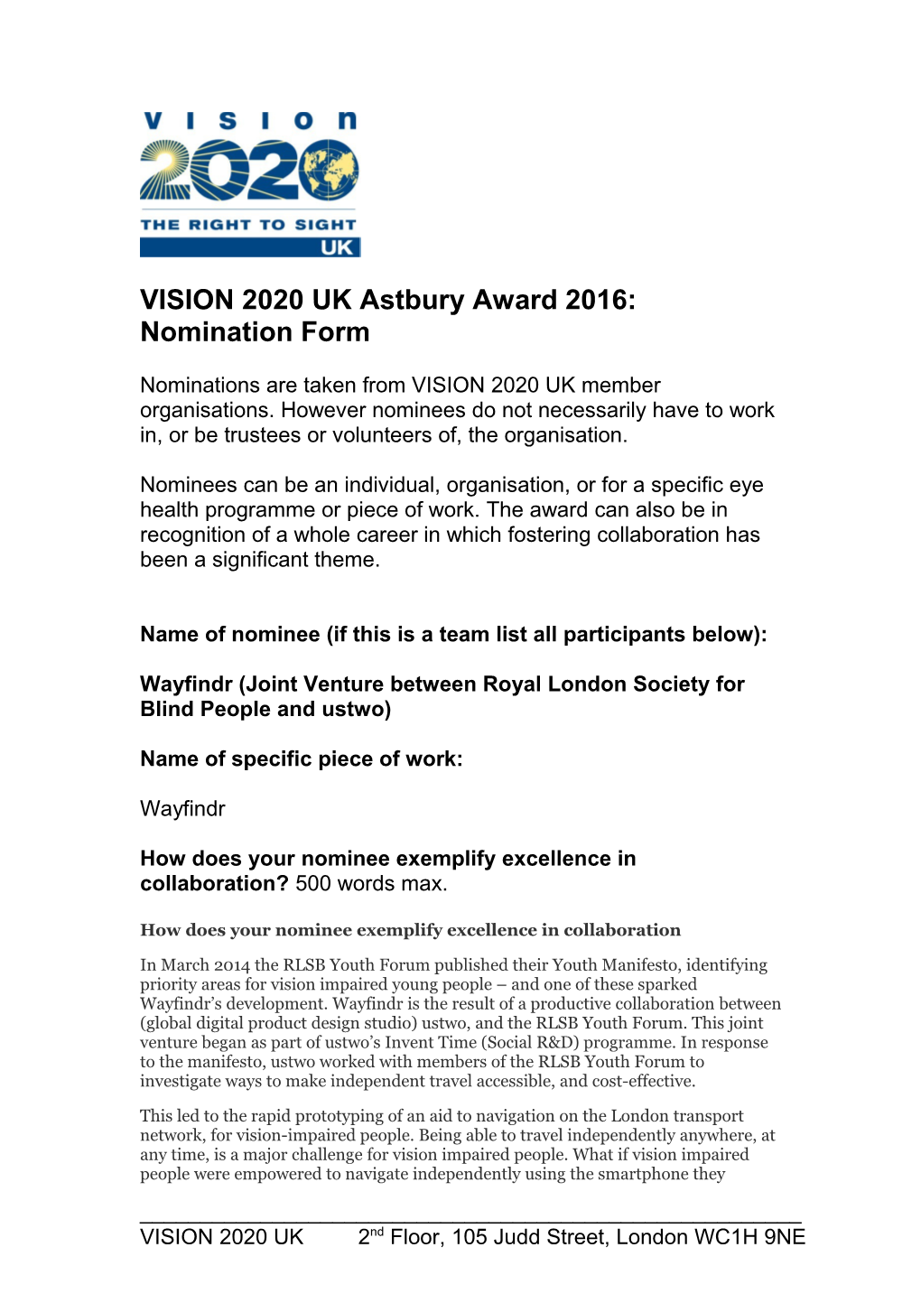 VISION 2020 UK Astbury Award 2016: Nomination Form