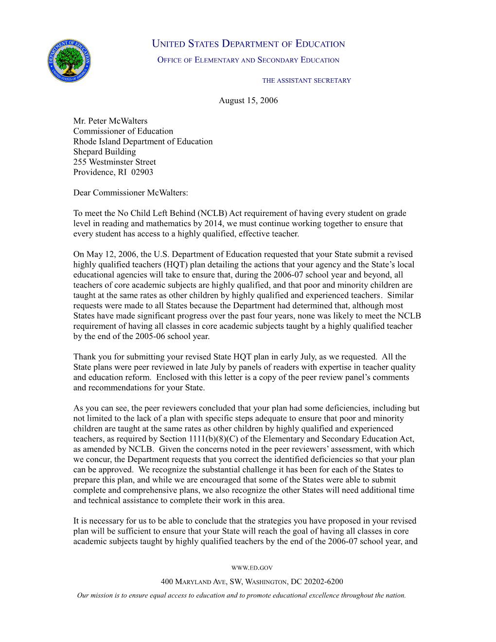 Rhode Island Letter to Chief State School Officer Regarding the Peer Review Comments Of