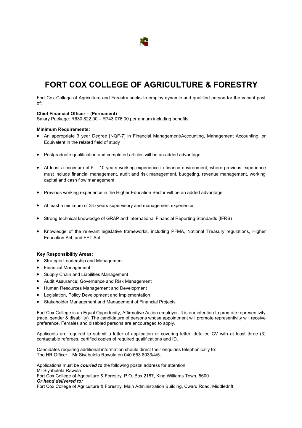 Fort Cox College of Agriculture & Forestry