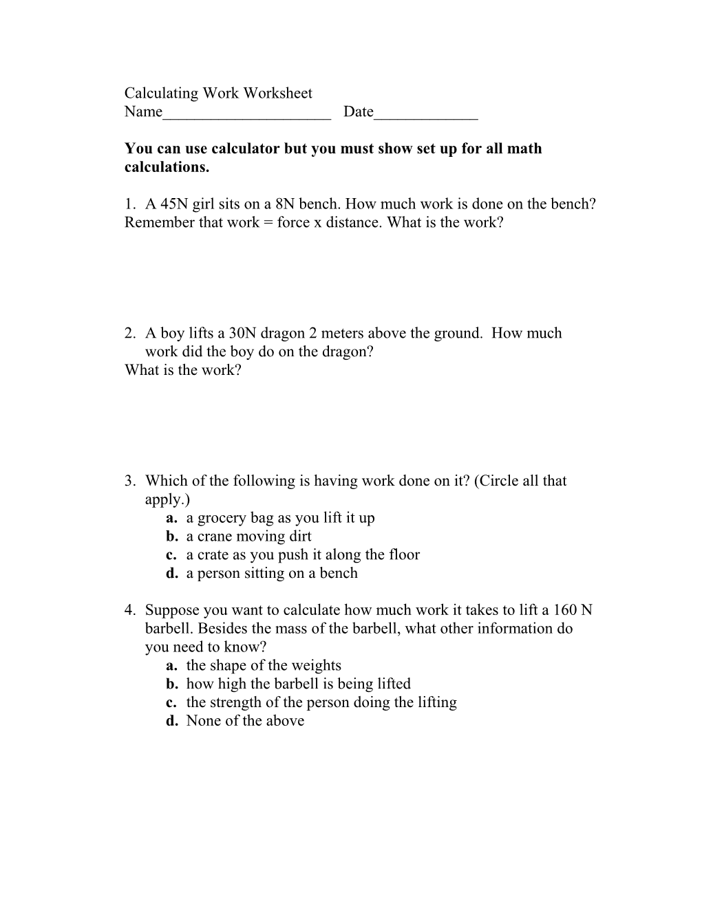 Calculating Work Worksheet