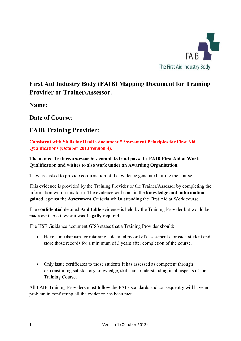 First Aid Industry Body (FAIB) Mapping Document for Training Provider Or Trainer/Assessor