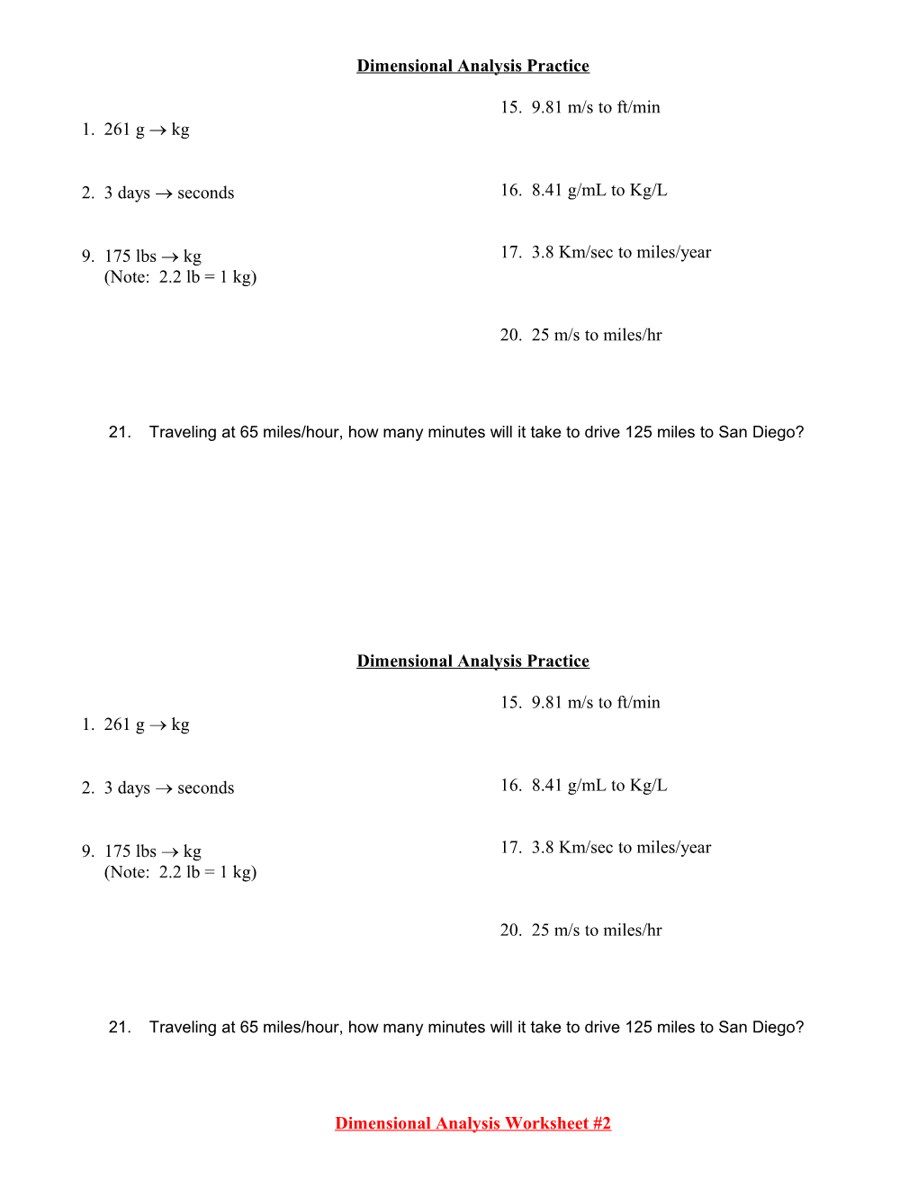 Dimensional Analysis Worksheet #2