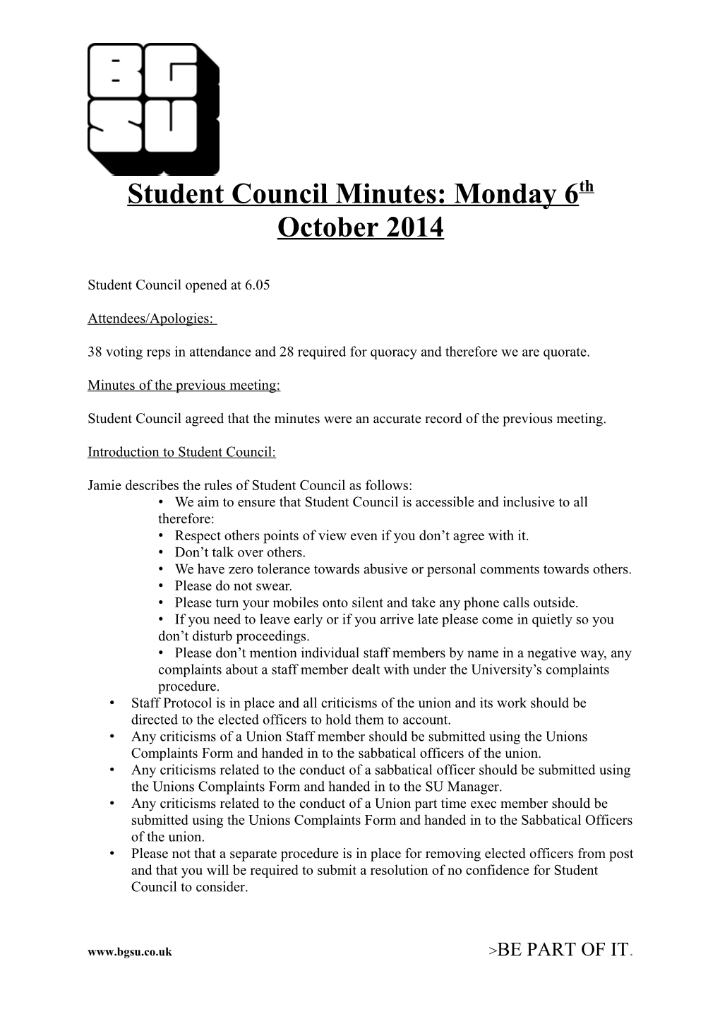 Student Council Minutes: Monday 6Th October 2014