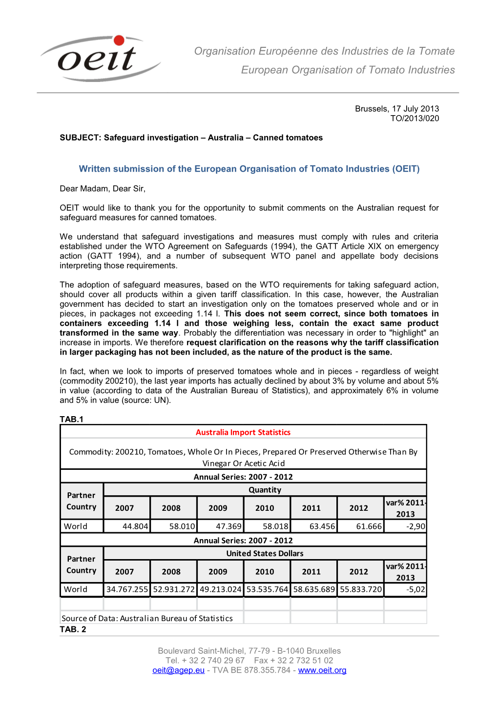 Submission 2 - European Organisation of Tomato Industries (OEIT) - Import of Processed