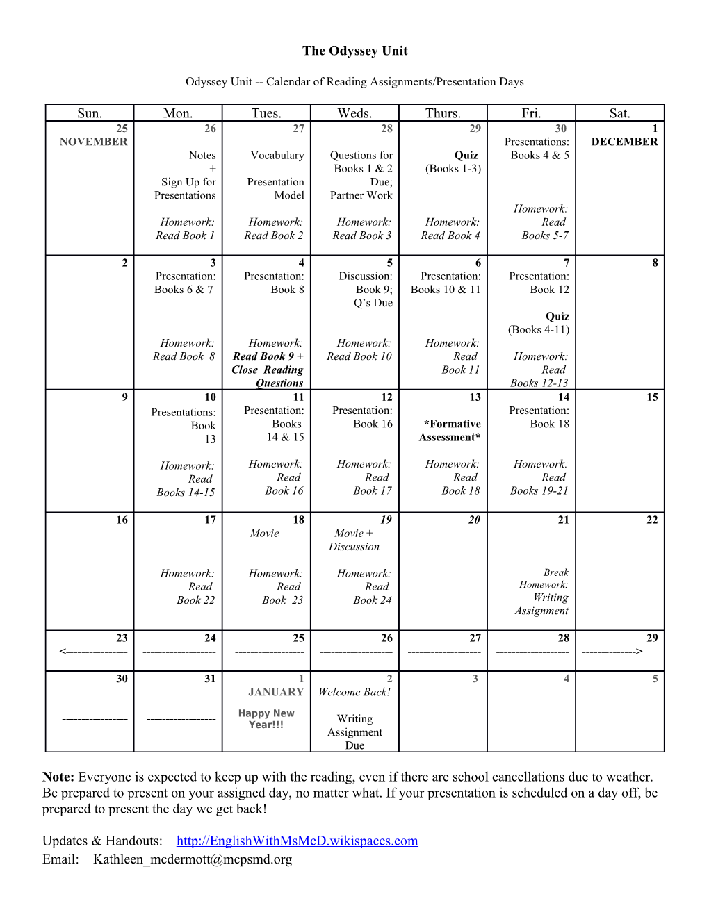 Odyssey Unit Calendar of Reading Assignments/Presentation Days