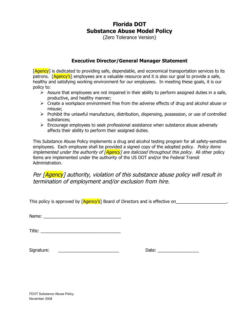 Substance Abuse Model Policy